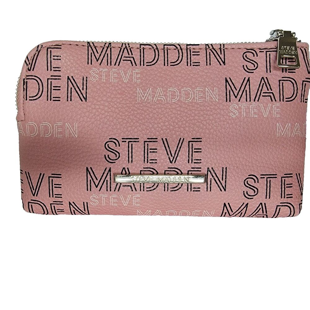STEVE MADDEN Dual Zip Multi-colored Logo Pink Blush Wristlet 8x5 - Picture 2 of 6
